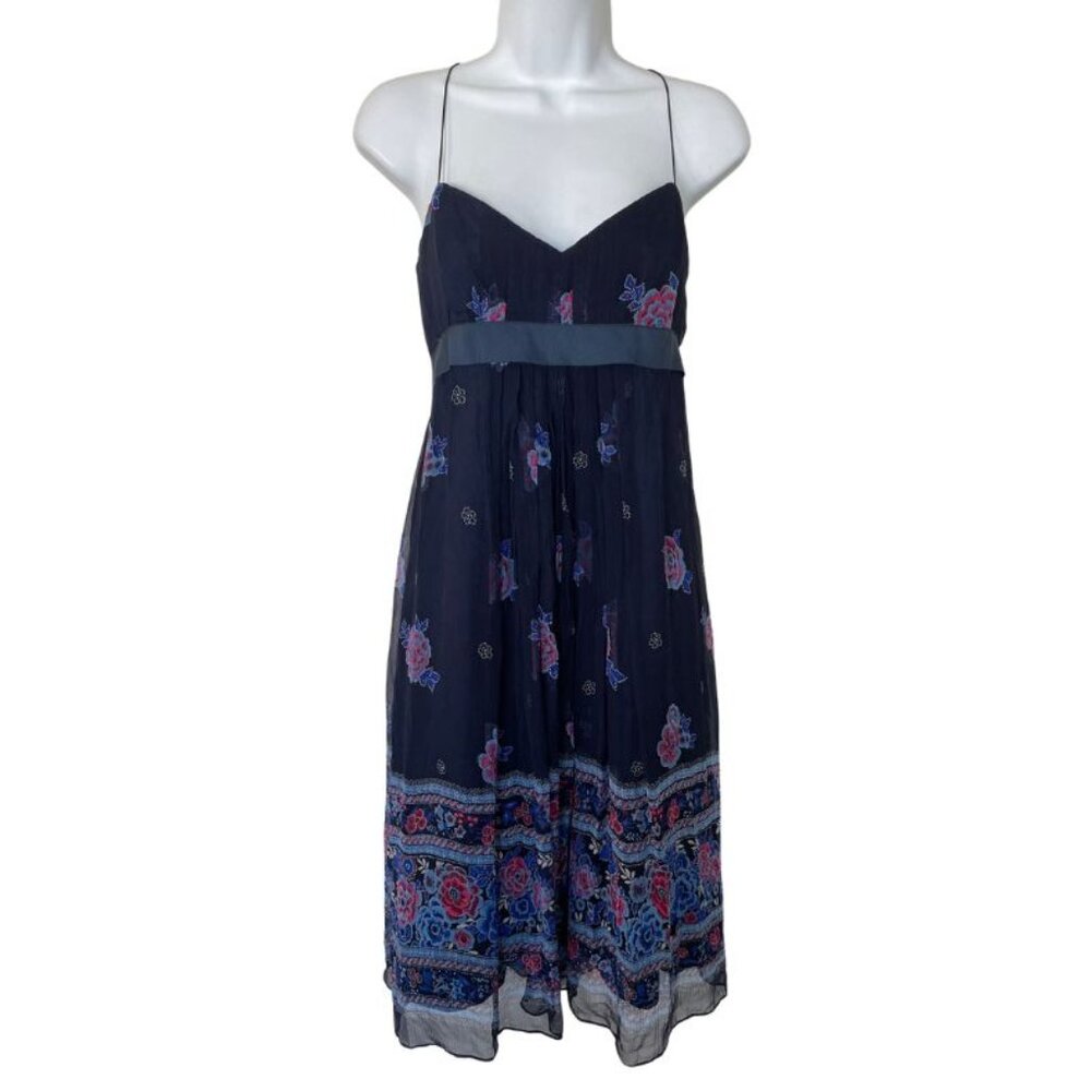 Shoshanna Silk Chiffon Empire Waist Dress Sz 8 Navy Floral Sleeveless Boho